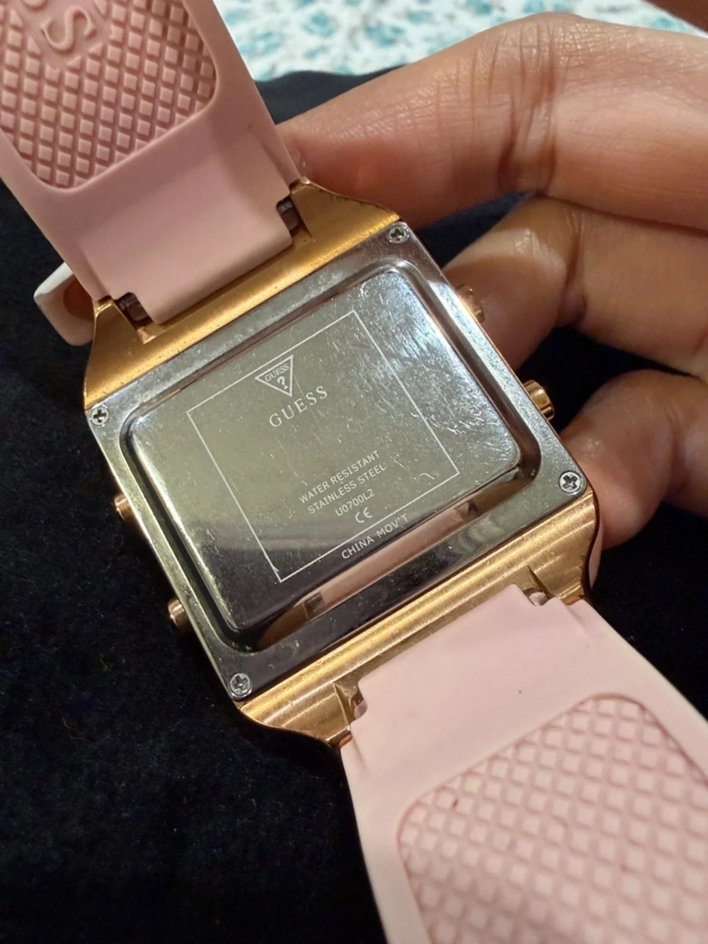 GUESS Gold Tone Digital Watch with Pink Crystal Bezel 44mm